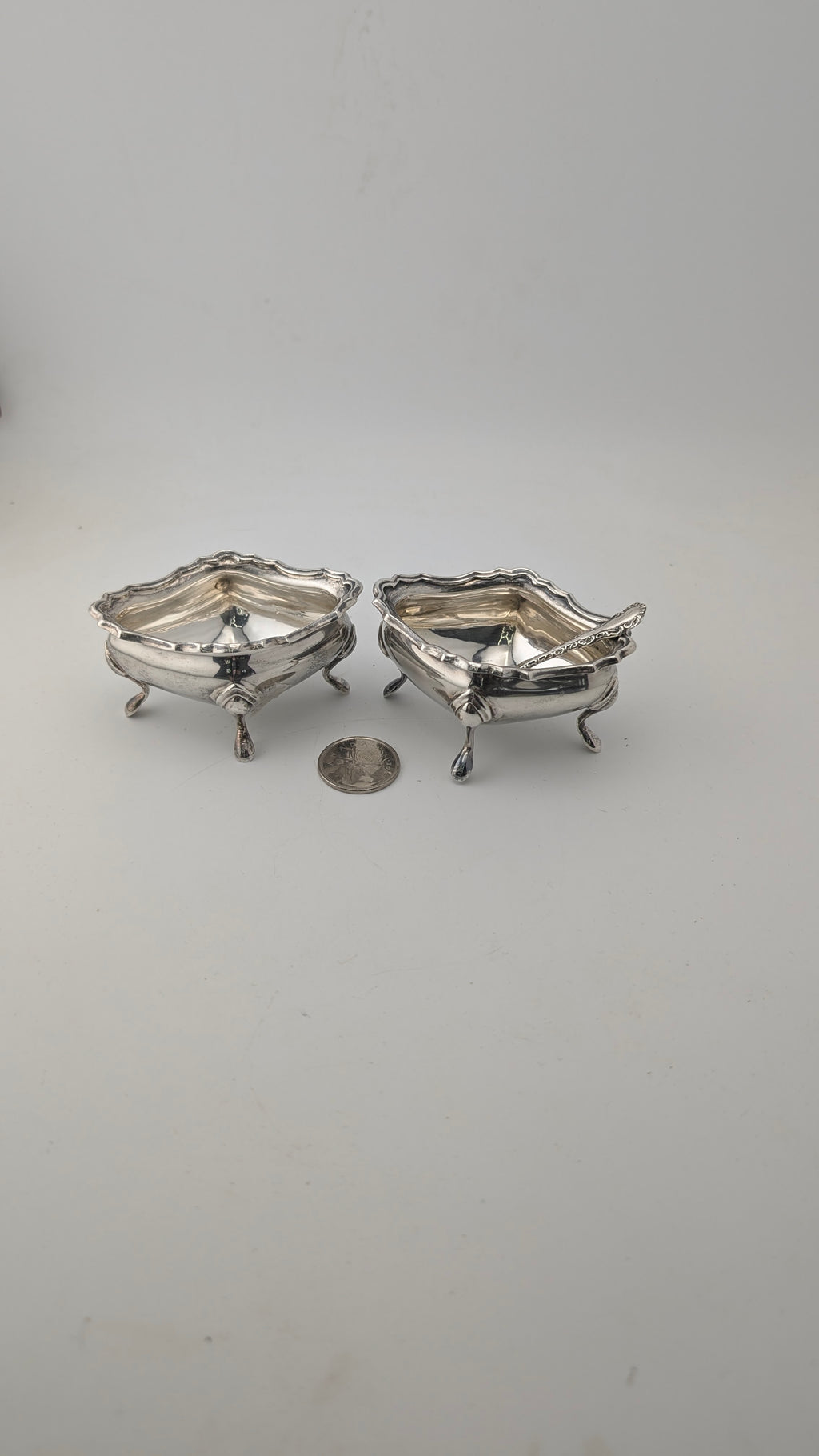 Antique Sterling Silver Open Salts with Spoon — Pair