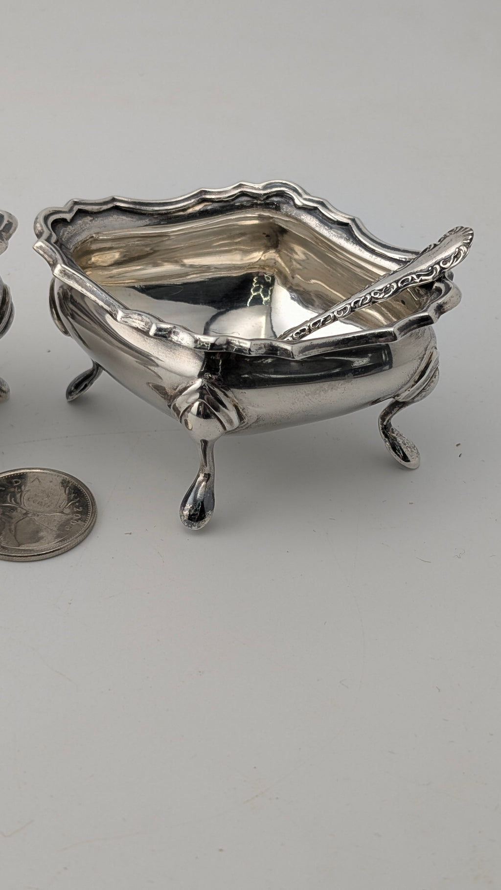 Antique Sterling Silver Open Salts with Spoon — Pair