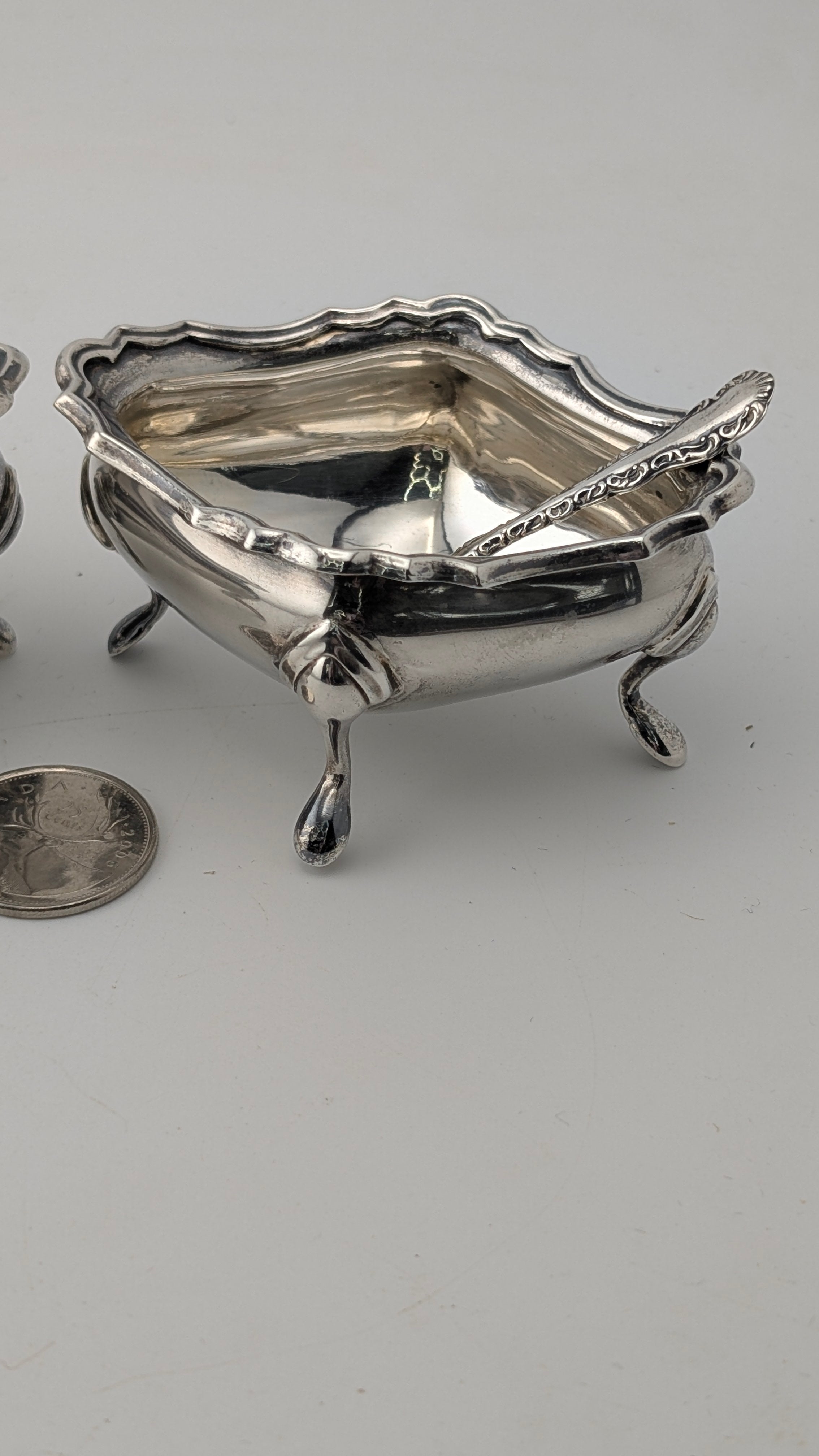Antique Sterling Silver Open Salts with Spoon — Pair
