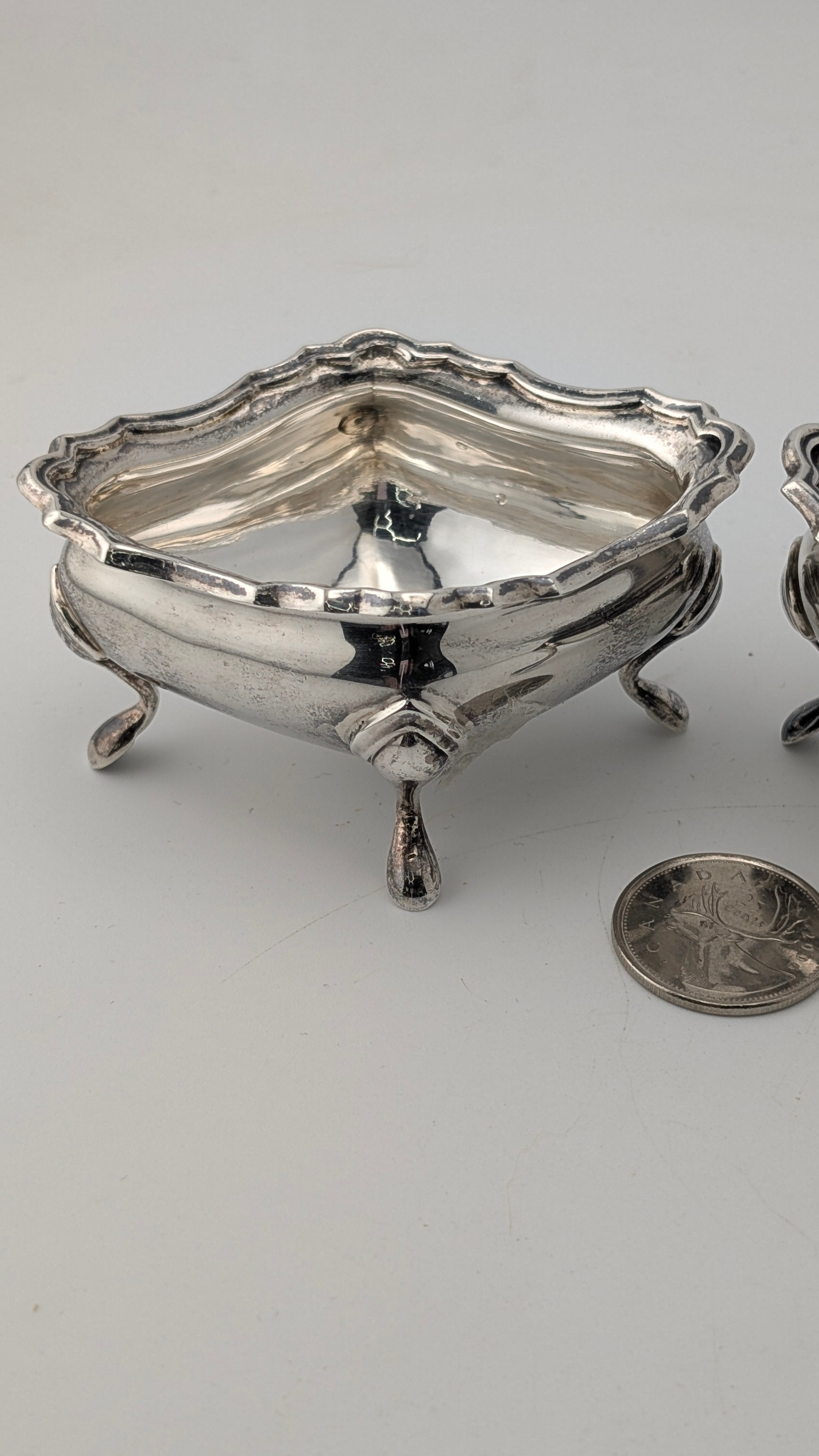 Antique Sterling Silver Open Salts with Spoon — Pair