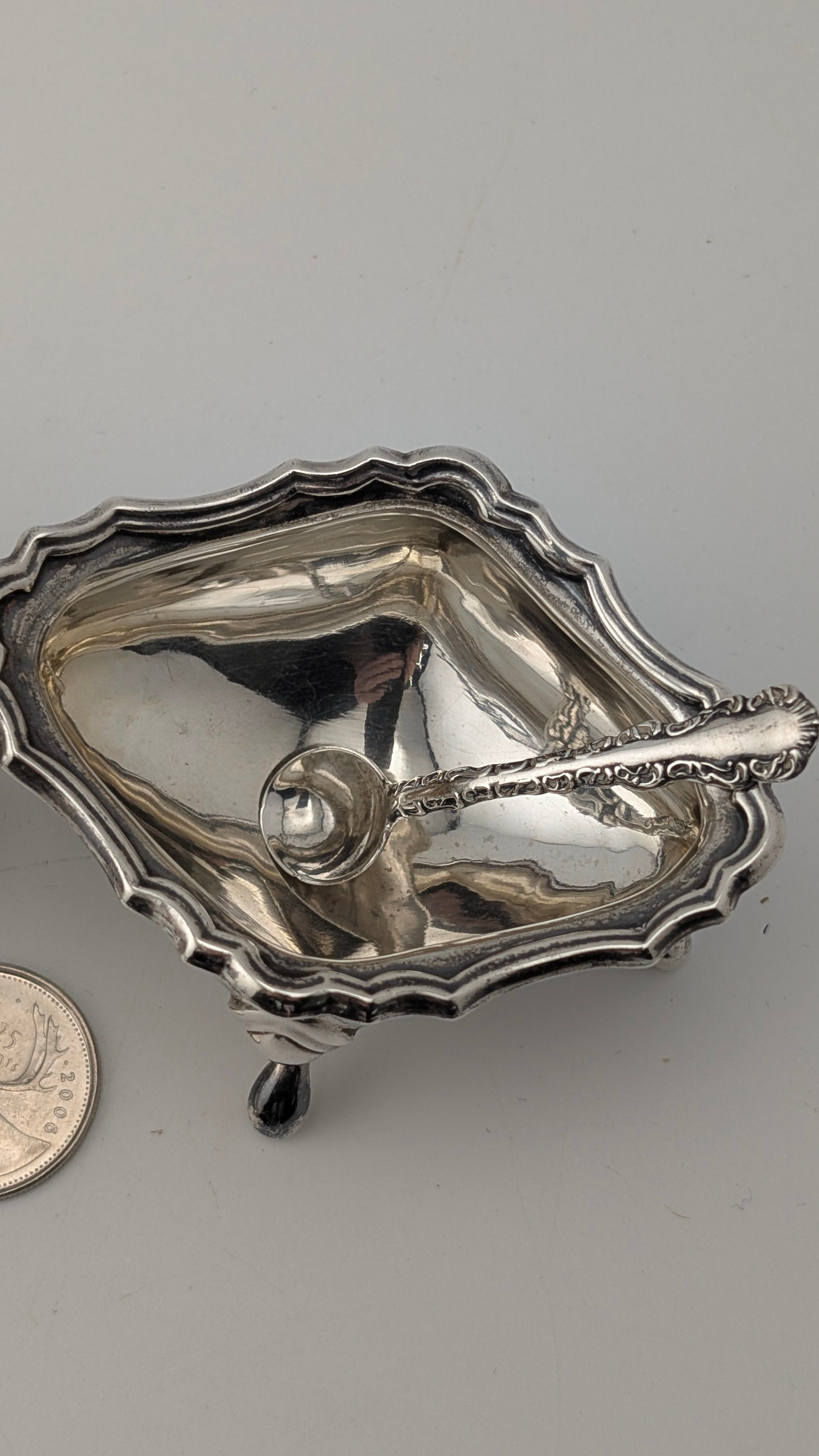 Antique Sterling Silver Open Salts with Spoon — Pair