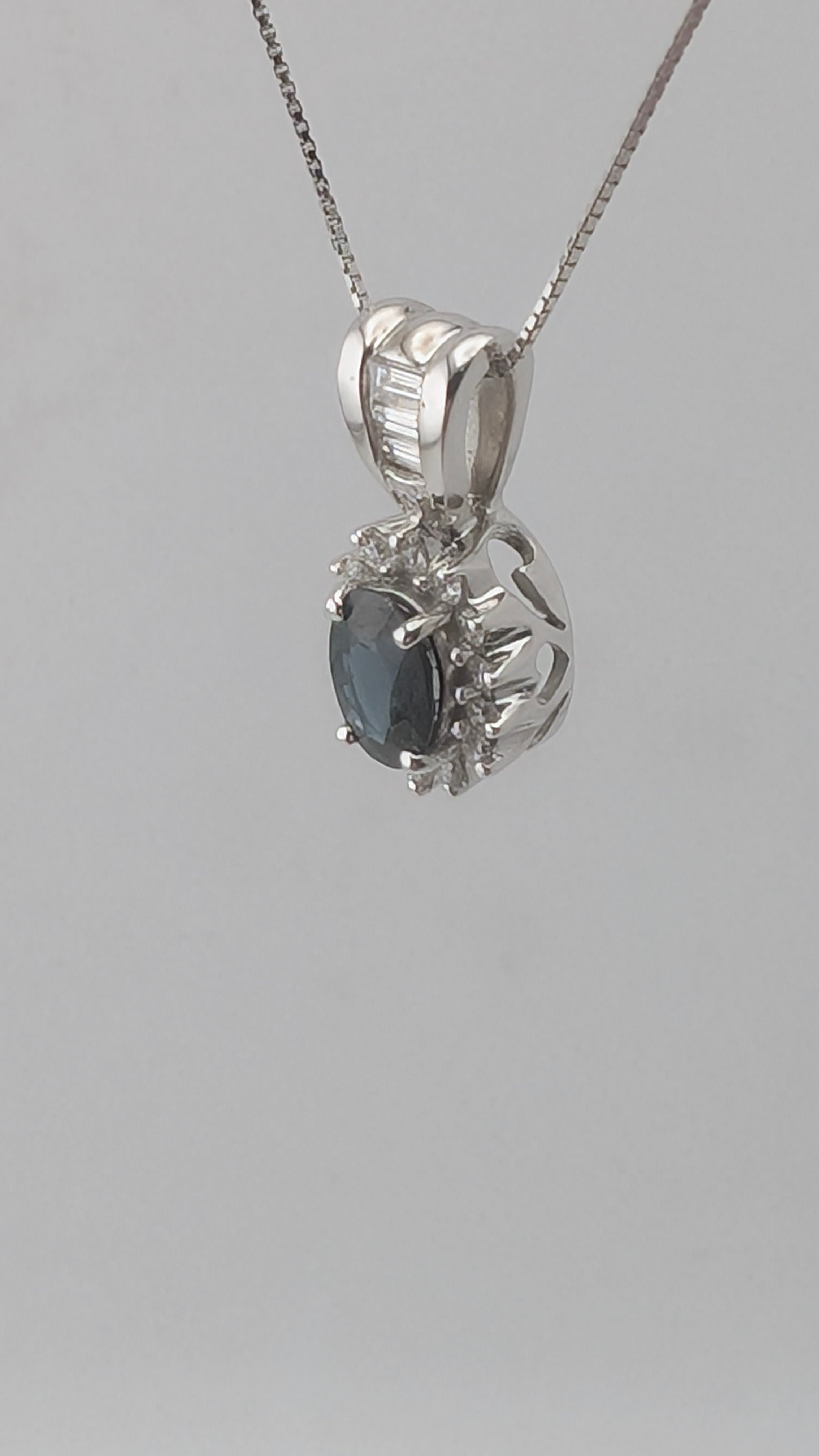 14K White Gold Sapphire & Diamond Pendant Necklace