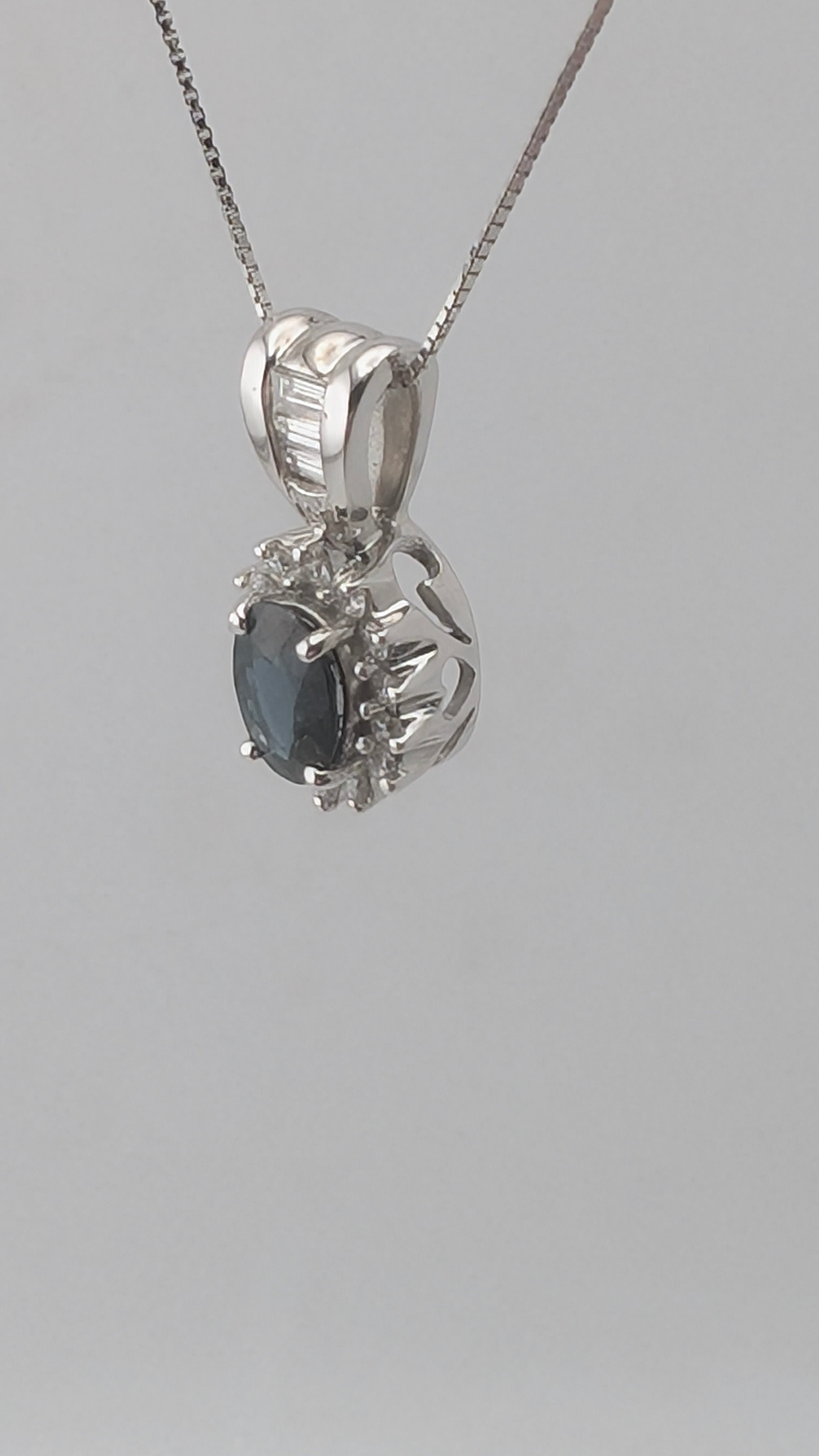 14K White Gold Sapphire & Diamond Pendant Necklace
