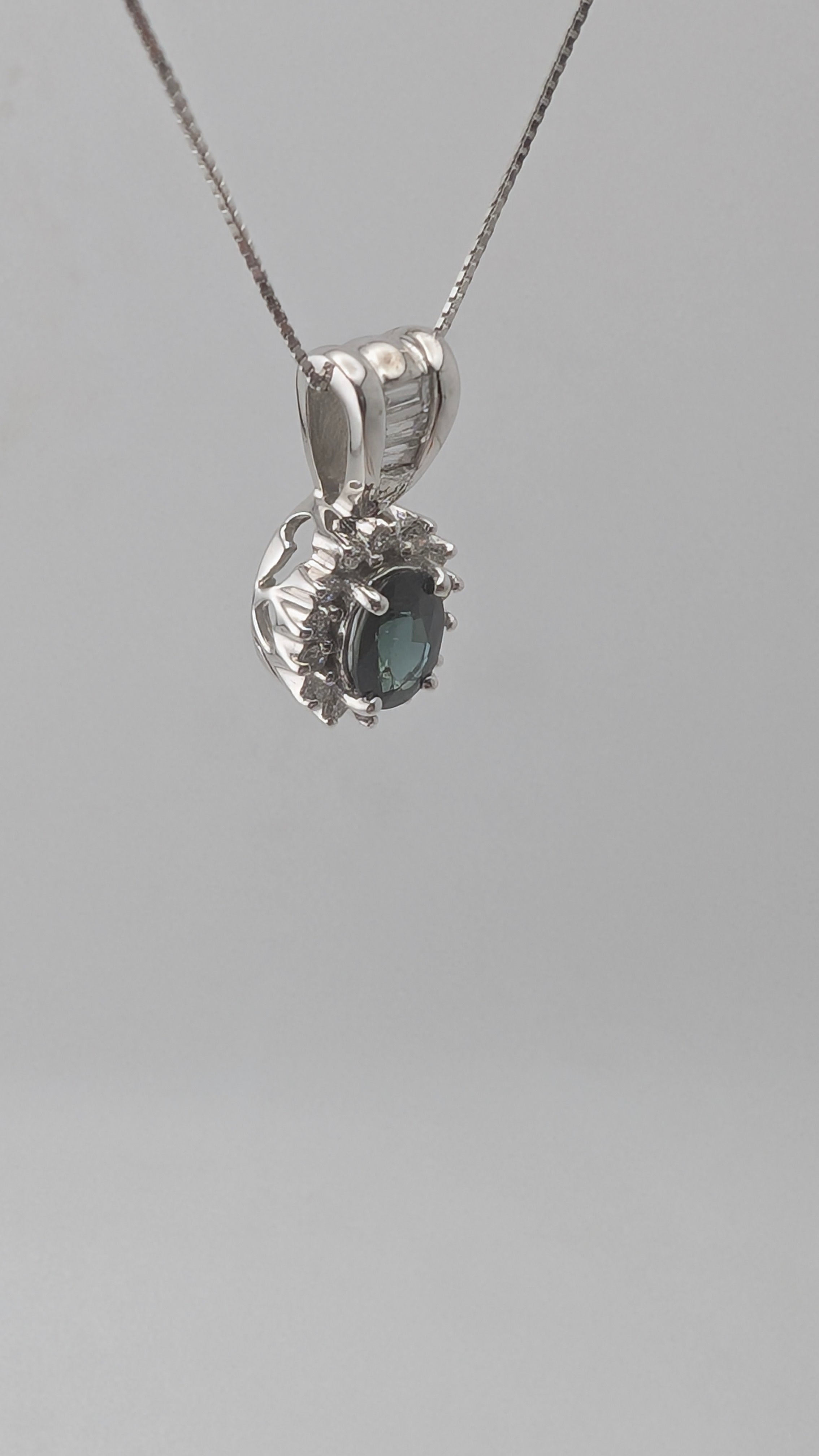 14K White Gold Sapphire & Diamond Pendant Necklace