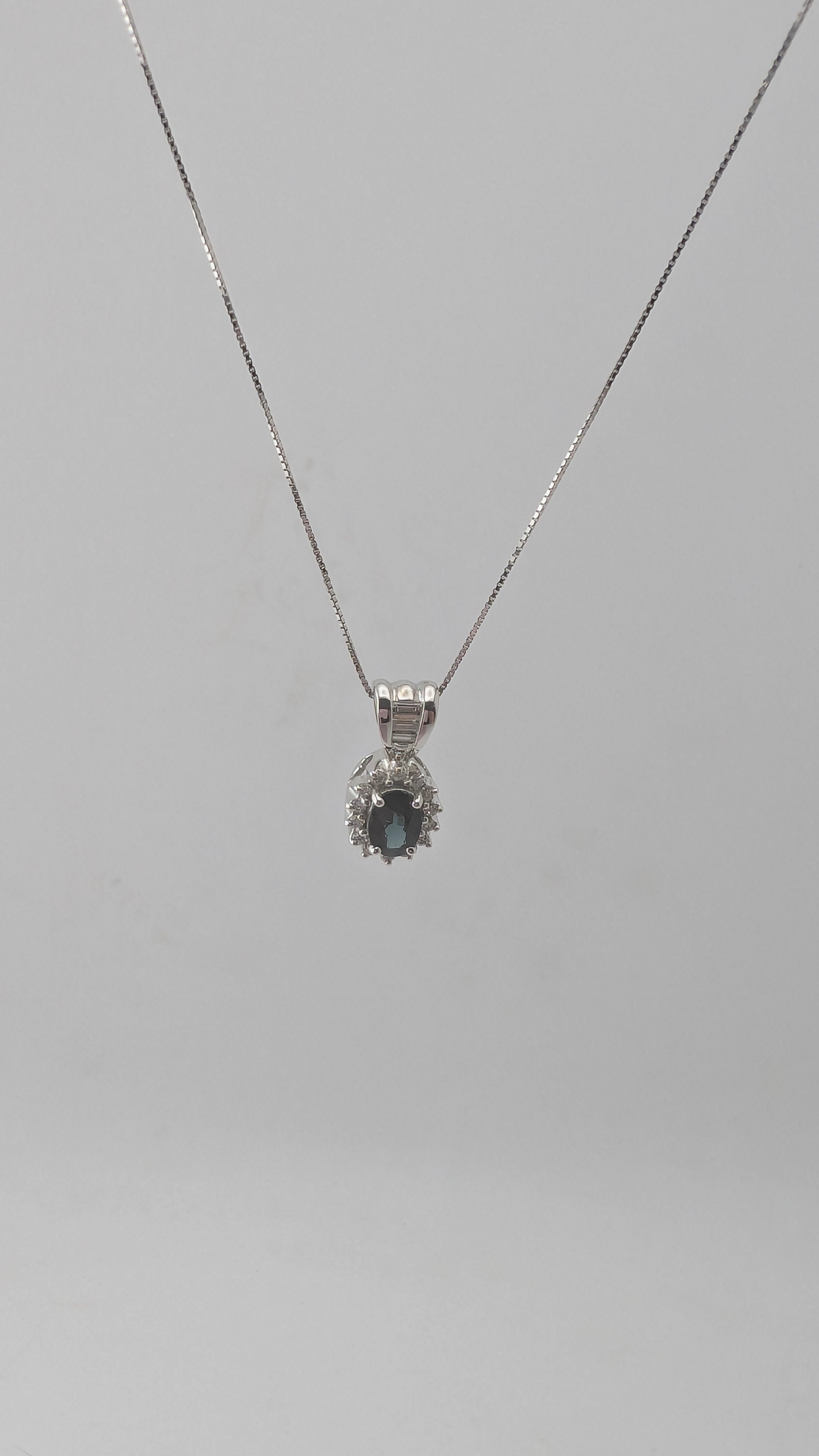 14K White Gold Sapphire & Diamond Pendant Necklace