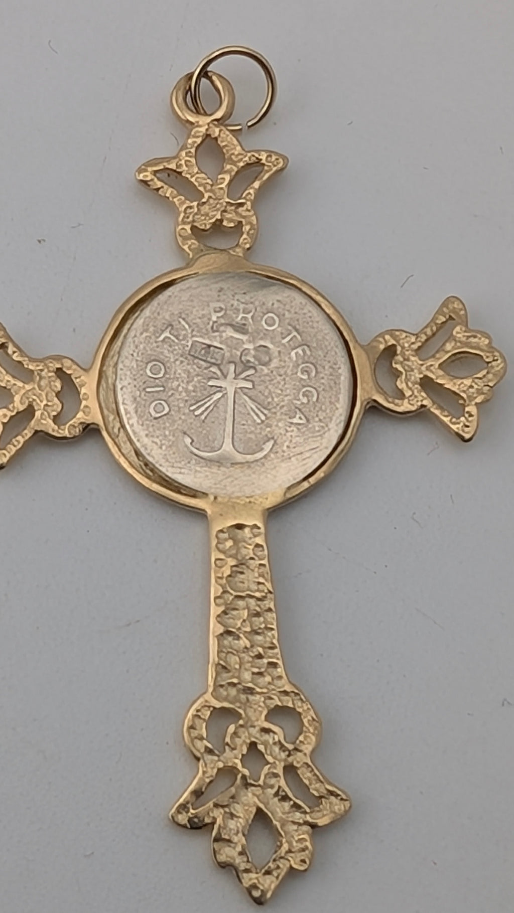 10K Two-Tone Gold Religious Cross Pendant – "Dio Ti Protegga"