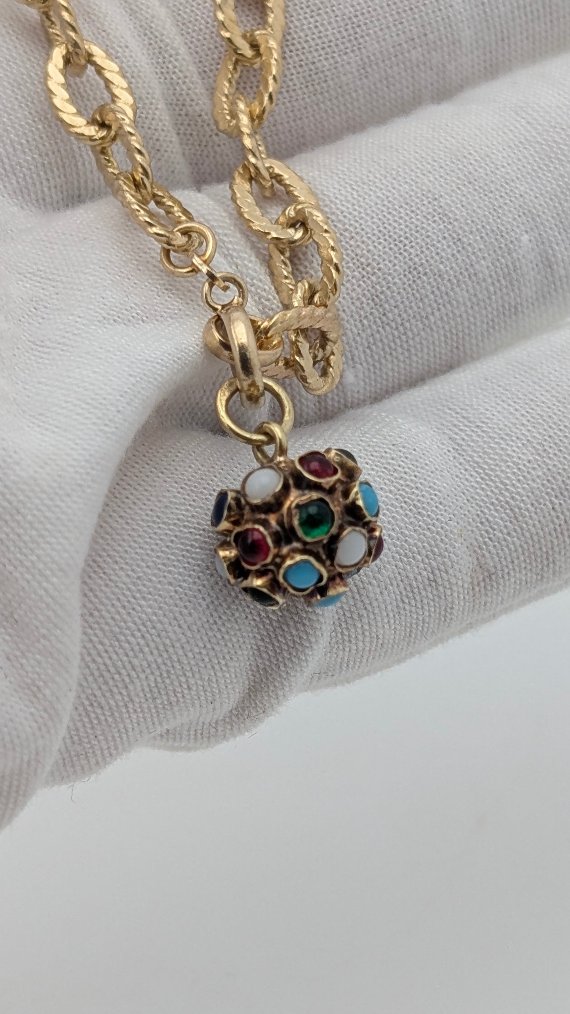 Vintage 14K Gold Charm Bracelet with Multi-Stone Sphere Charm