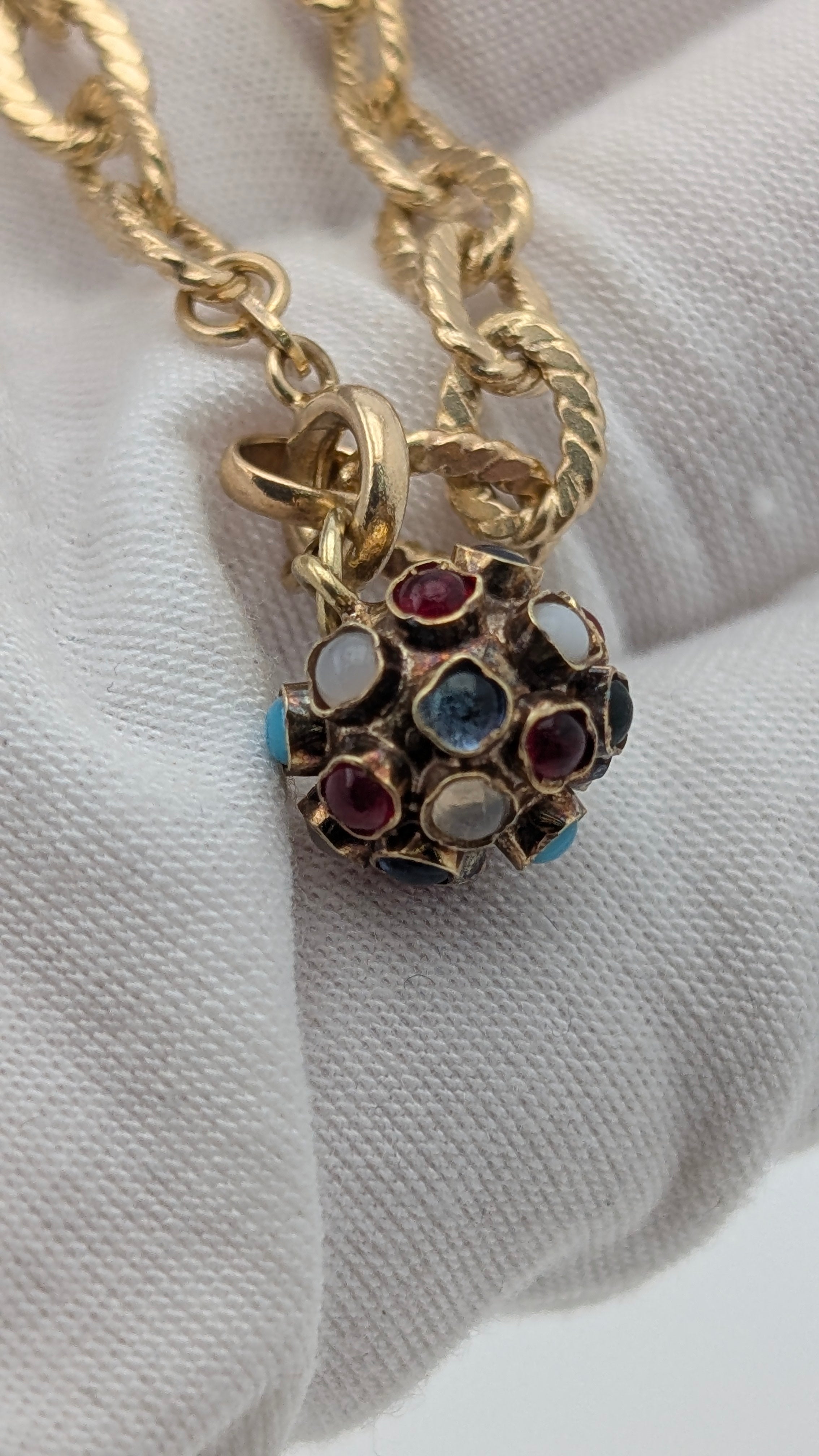 Vintage 14K Gold Charm Bracelet with Multi-Stone Sphere Charm