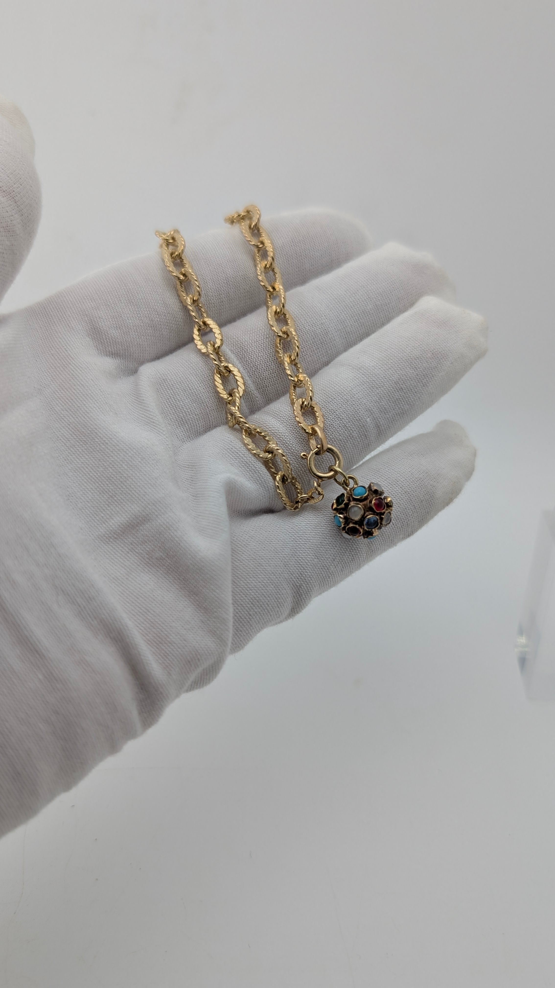 Vintage 14K Gold Charm Bracelet with Multi-Stone Sphere Charm