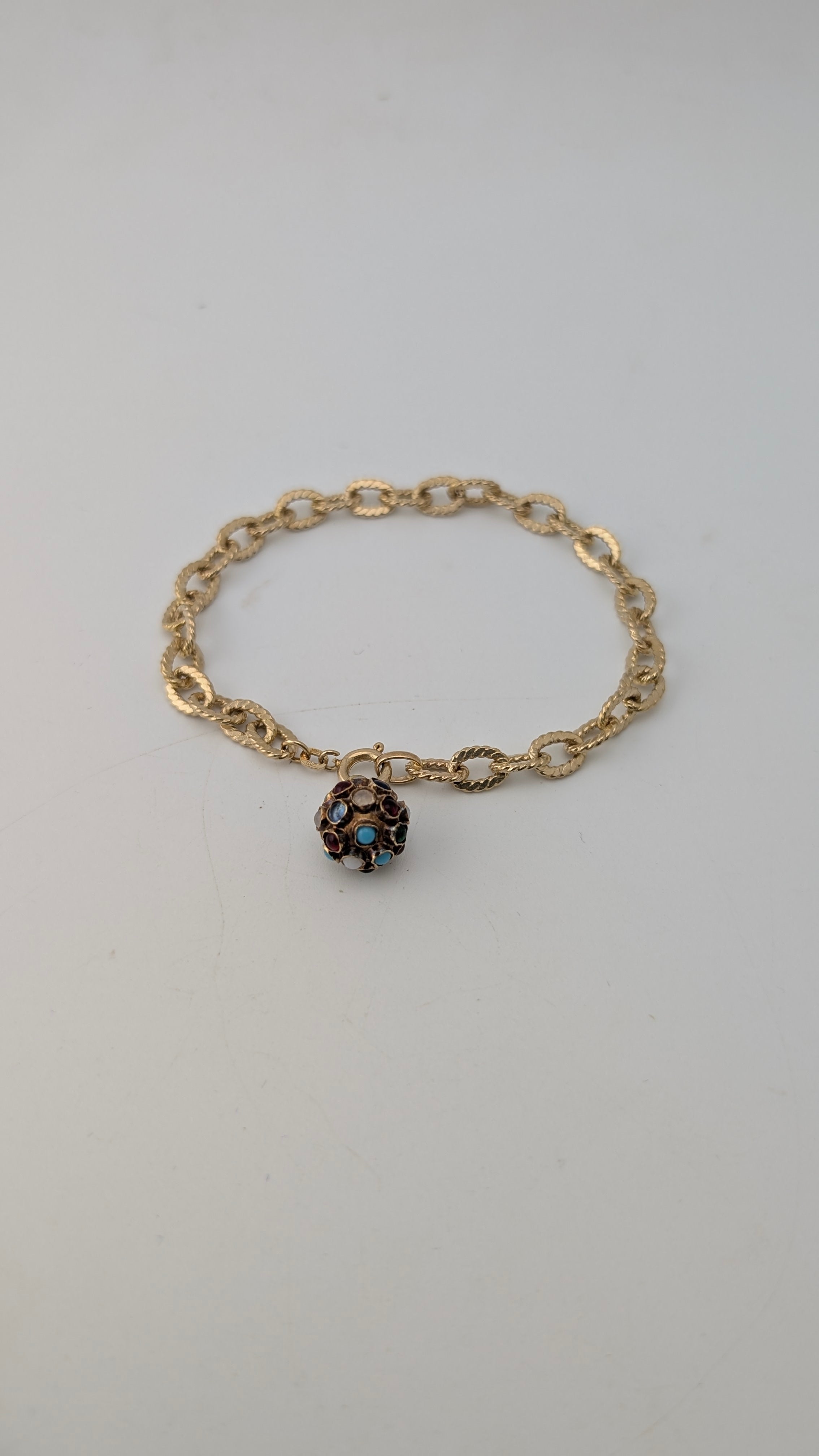 Vintage 14K Gold Charm Bracelet with Multi-Stone Sphere Charm