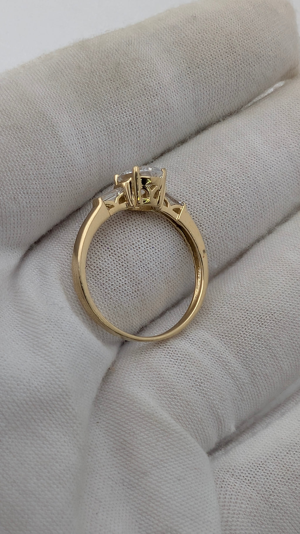 14K Yellow Gold Three-Stone Ring – Oval Simulated Diamond & Baguette Accents