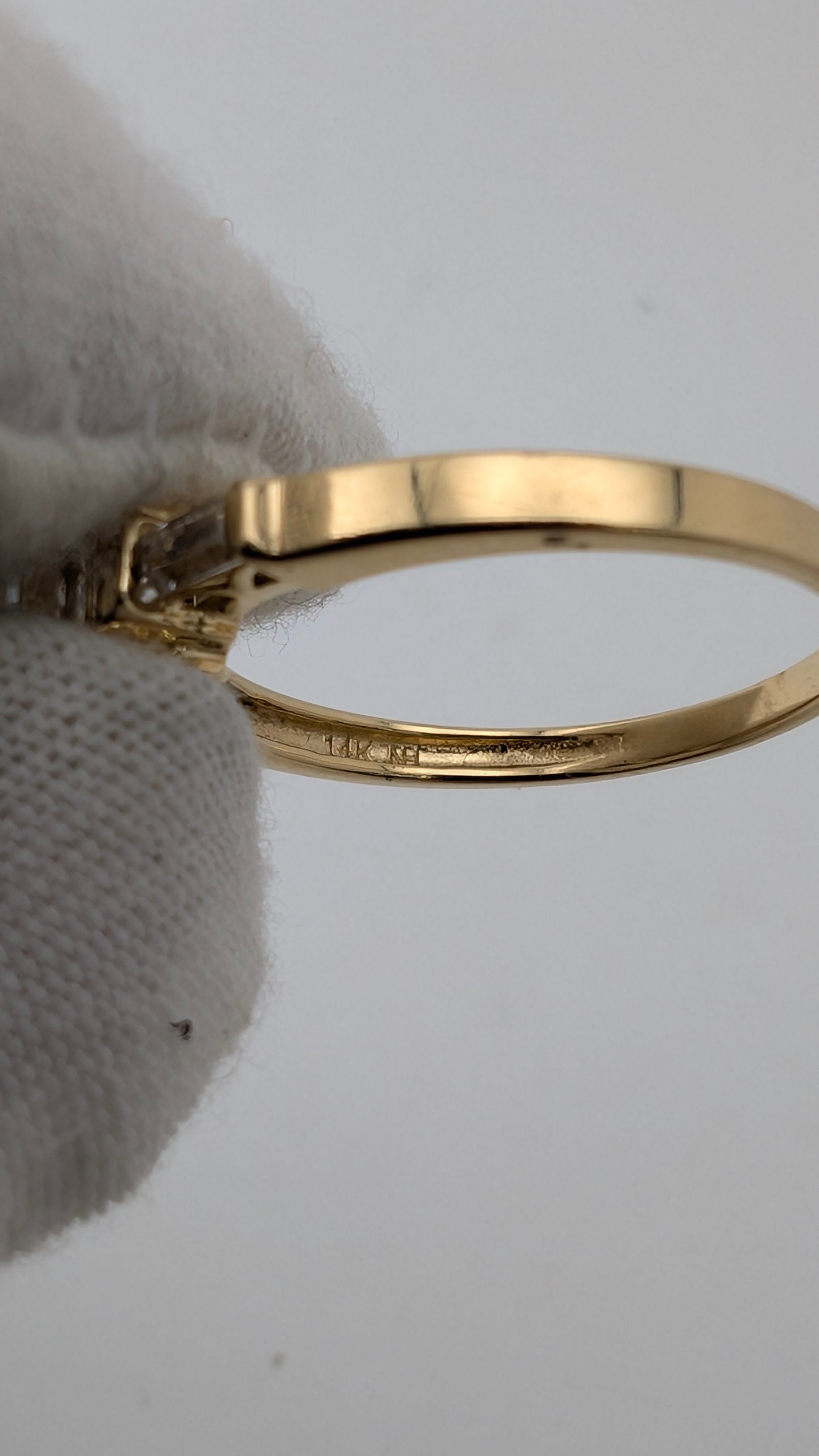 14K Yellow Gold Three-Stone Ring – Oval Simulated Diamond & Baguette Accents