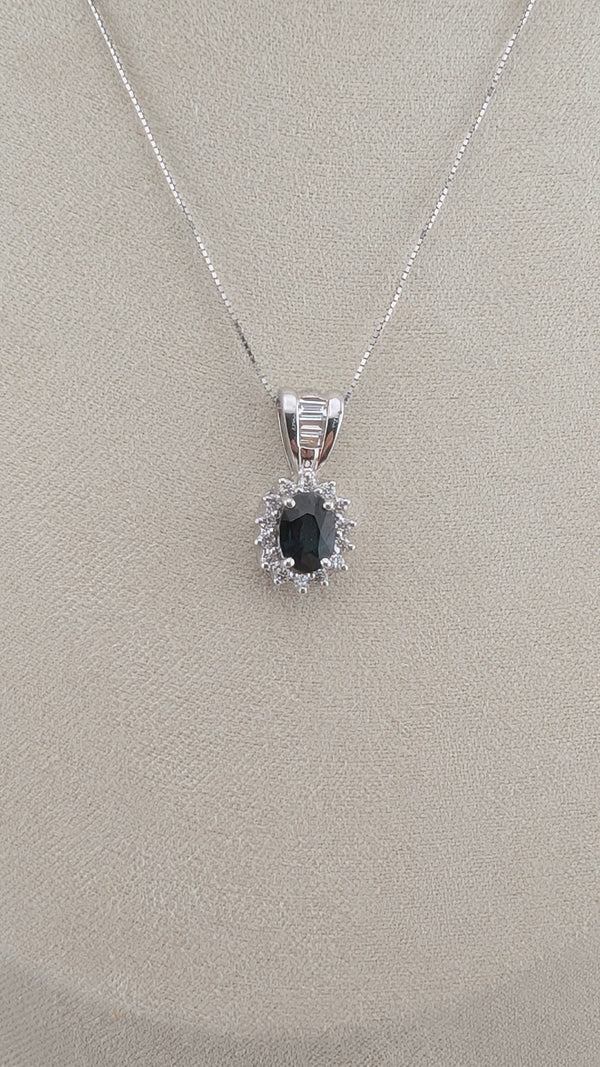 14K White Gold Sapphire & Diamond Pendant Necklace