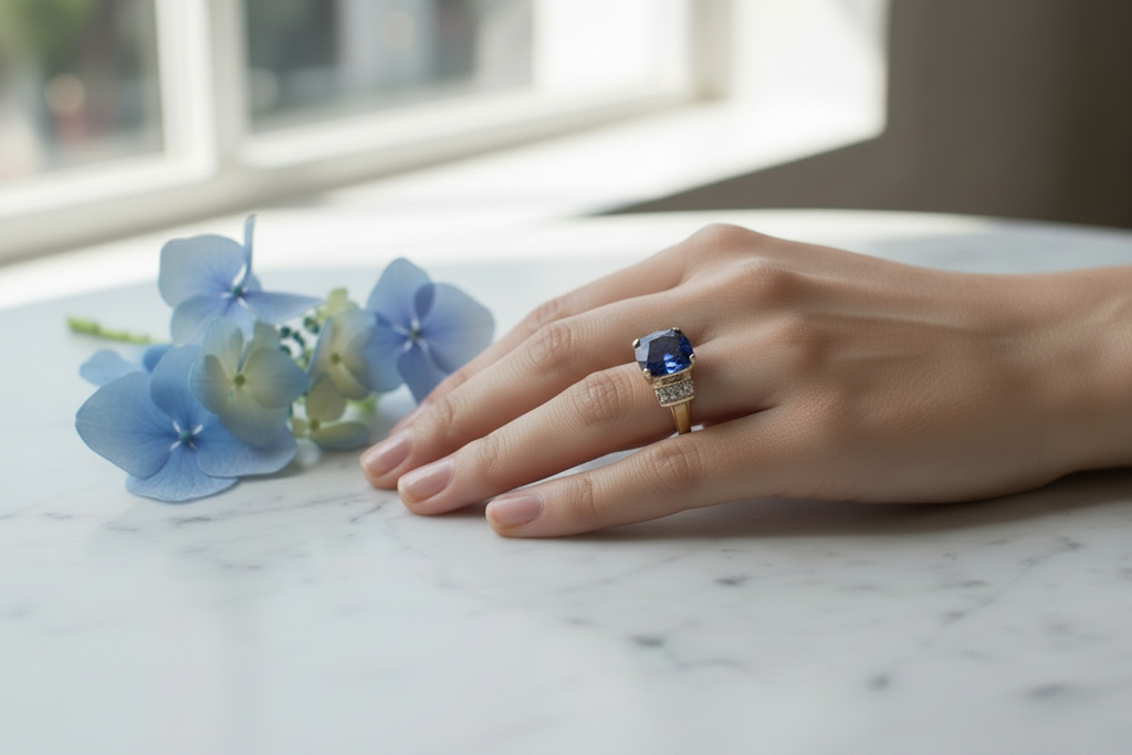 10K Gold Cushion-Cut Synthetic Sapphire & White Accent Stone Ring — Size 8.5