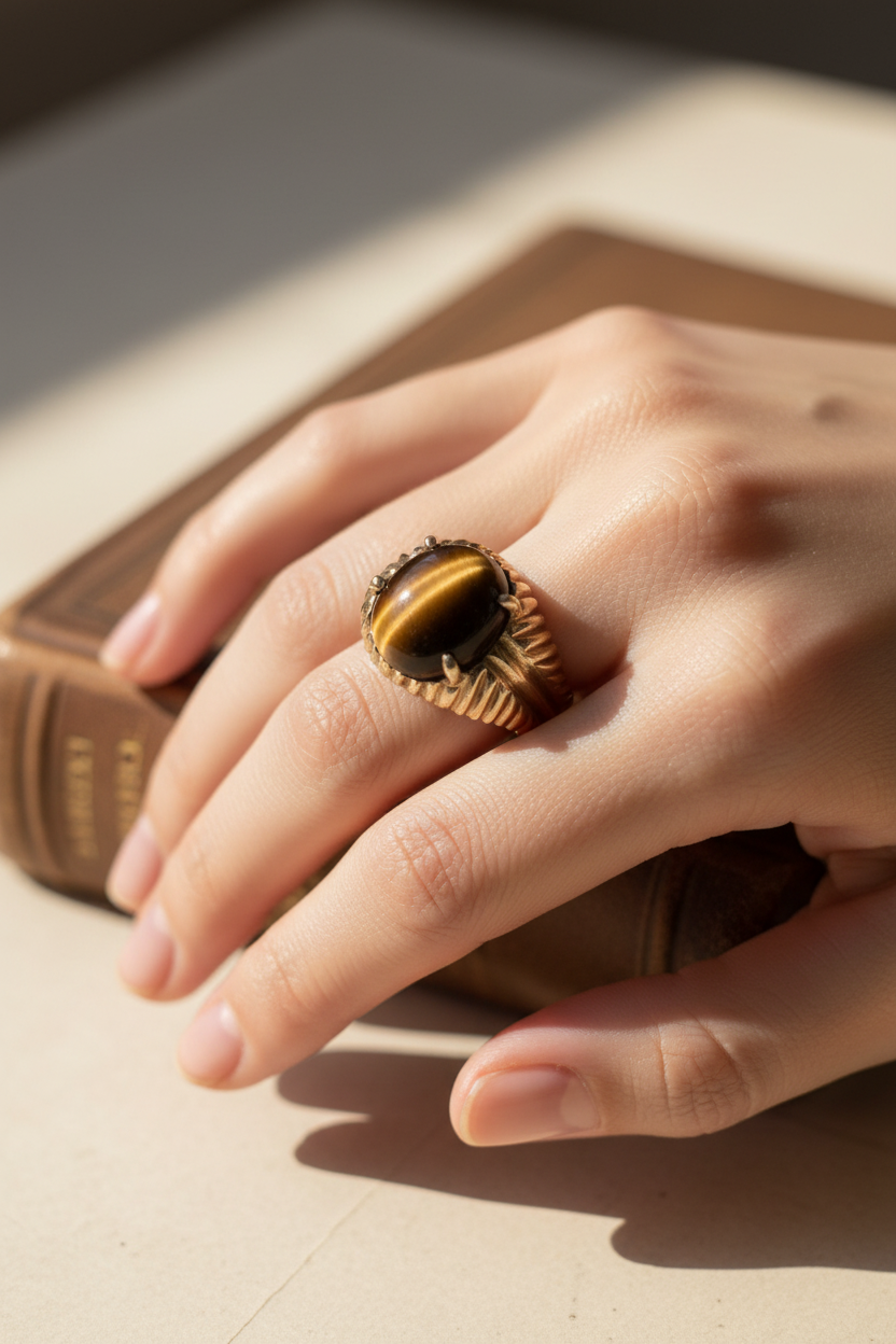 Vintage Tiger Eye 10k Gold Fluted Band Ring